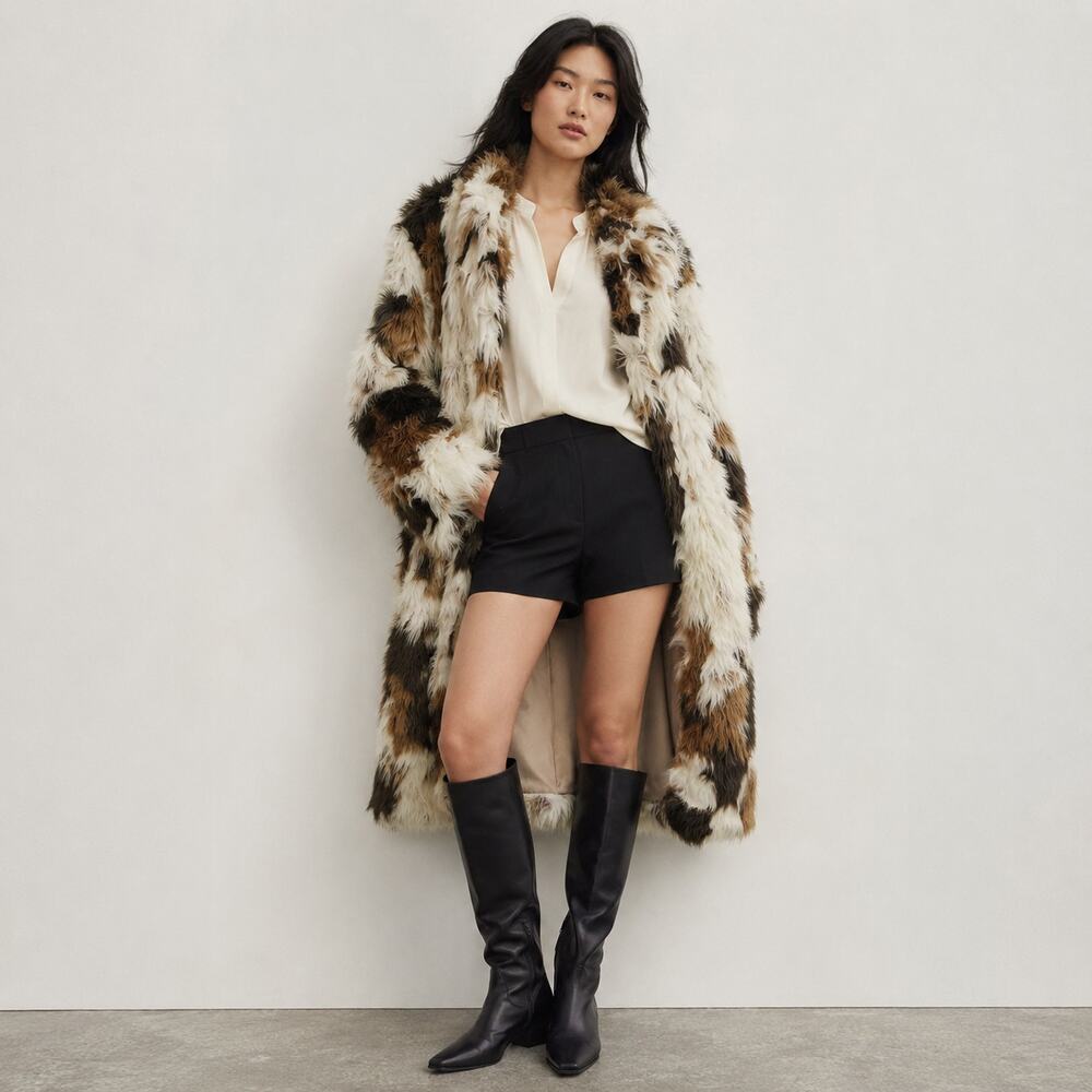 By Anthropologie Long Shaggy Fur Long Coat Womens 8 Relaxed Long Sleeve